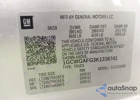 2019 Chevrolet Express 2500 Work Van z USA, uszkodzony, nr VIN 1GCWGAFG3K1336741